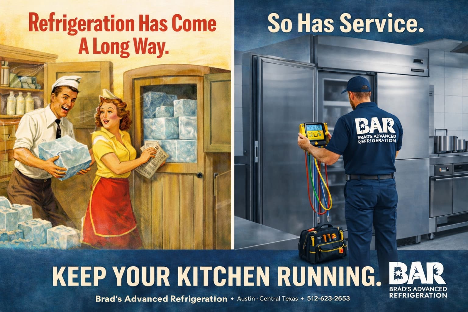 Modern and vintage refrigeration service comparison.